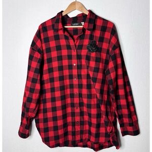 Lauren Ralph Lauren Crest Shirt 2X Beaded Red Buffalo Plaid Preppy Casual Button